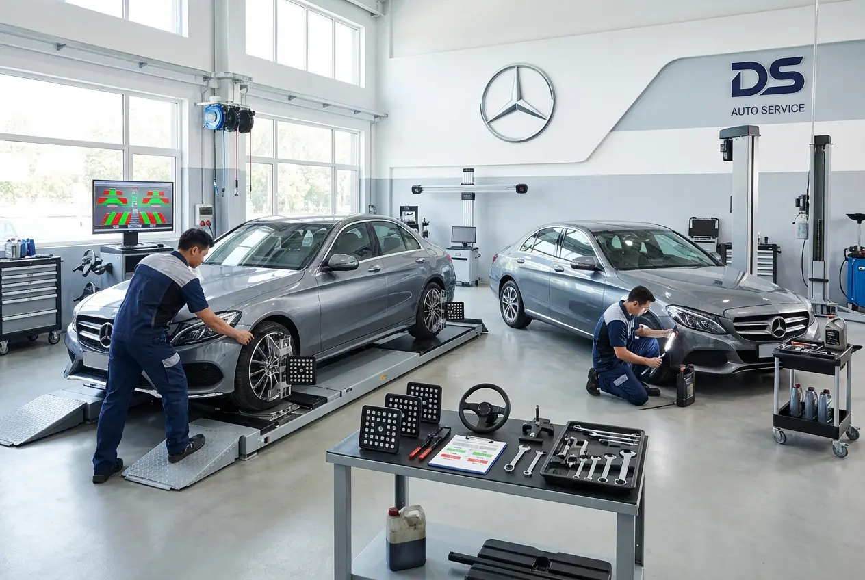 Процесс регулировки развал-схождения колес автомобиля Mercedes в автосервисе DS Auto в Жуковском
