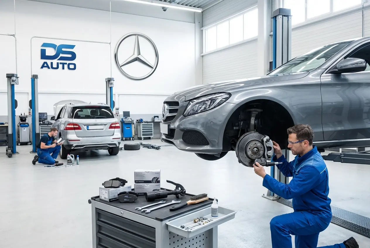 Процесс замены передних тормозных колодок Mercedes в автосервисе DS Auto в Жуковском

