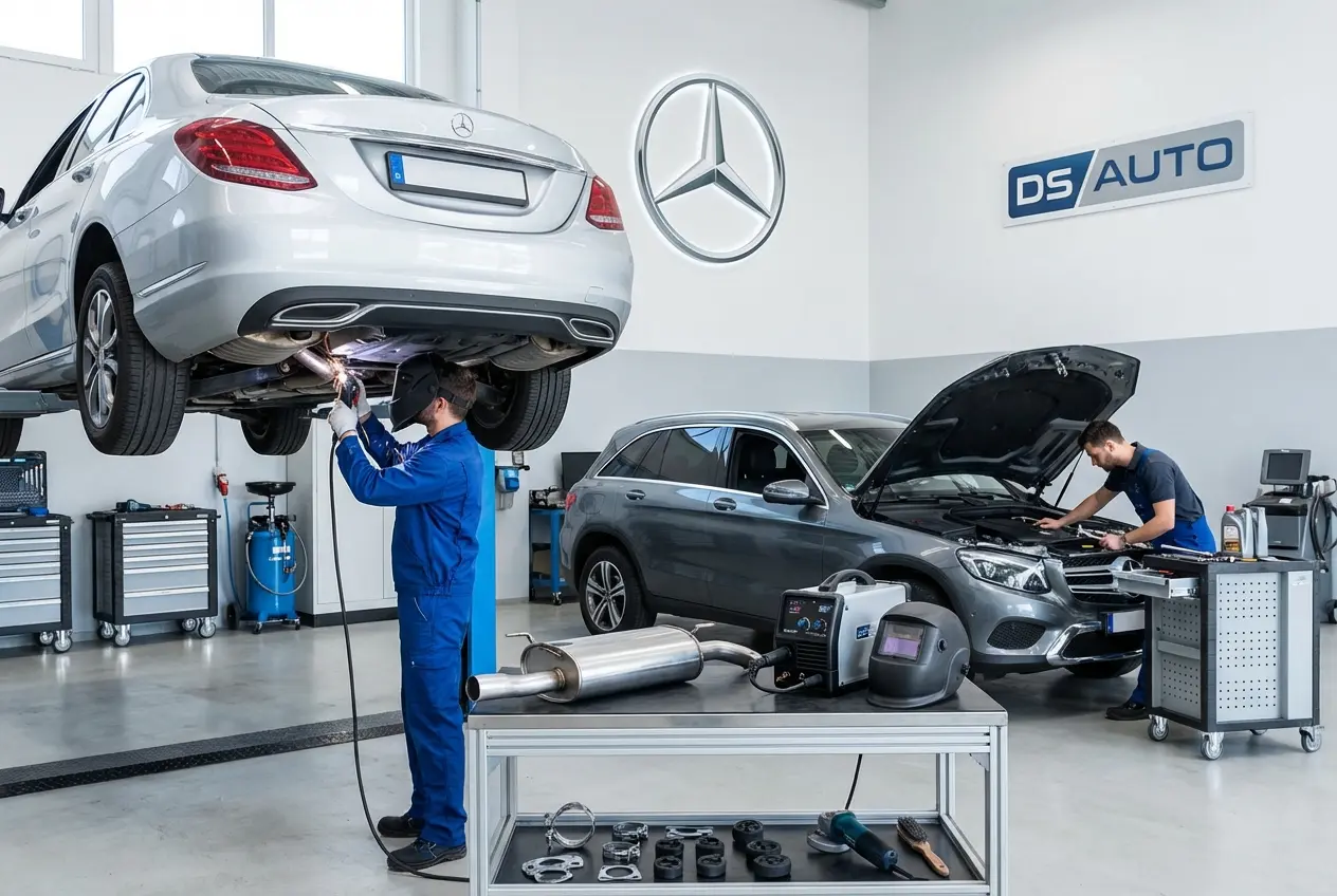 Ремонт глушителя с помощью сварки в автосервисе DS Auto Жуковский – качественное восстановление выхлопной системы Mercedes
